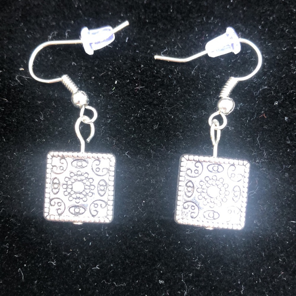 Handcrafted square silver etched earrings